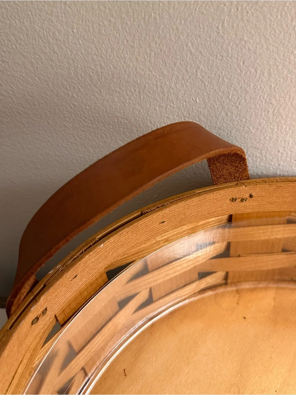 Vintage Peterboro Basket Co Round Woven Wood Basket Leather Handles USA